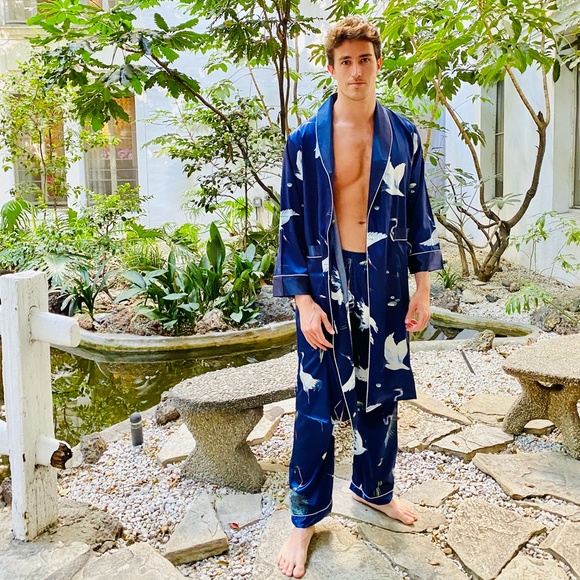 Silky Blue Bird Print Robe and Short Pajama Set - Picture 3 of 5